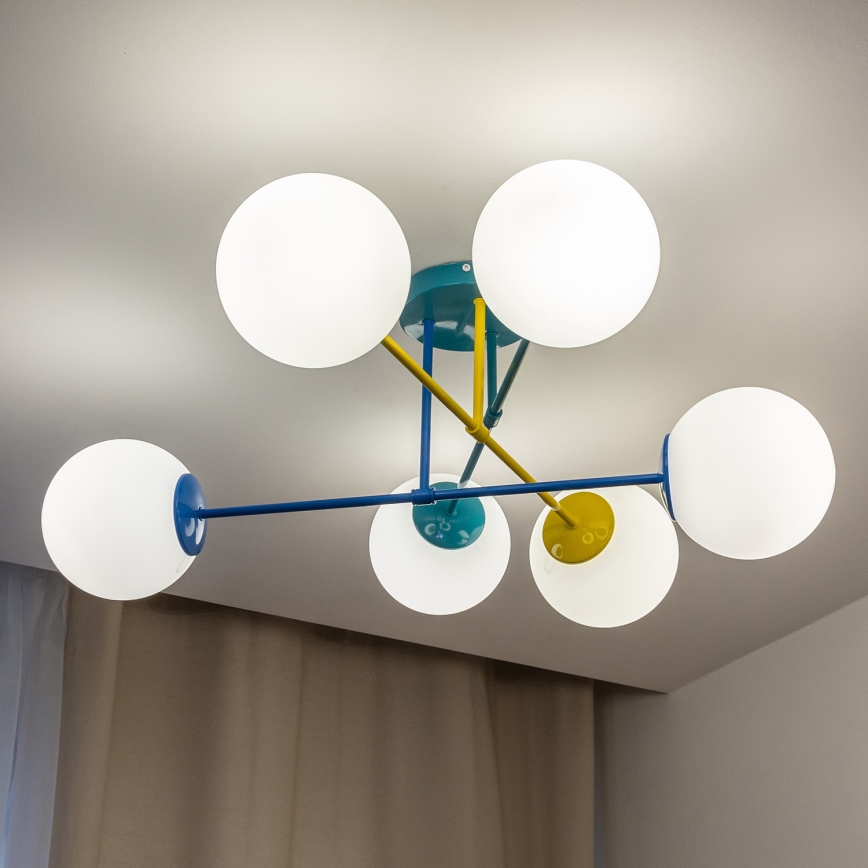 Plafonnier à montage en saillie MOON 6 x E27 / 15 W / 230 V, turquoise / jaune / bleu