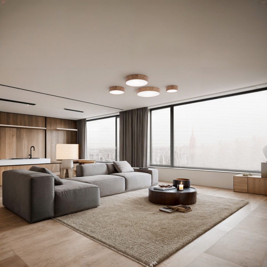 Plafonnier CLEO avec détecteur de présence et crépusculaire 4xE27/24W/230V Ø 47,5 cm chêne