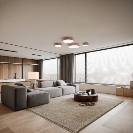 Plafonnier CLEO avec détecteur de mouvement et crépusculaire 6xE27/24W/230V Ø 80 cm chêne