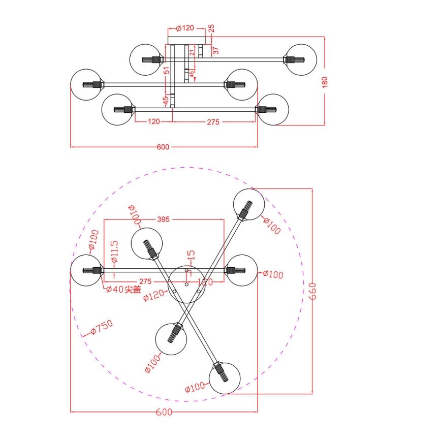 Plafonnier DORADO 6xG9/28W/230V noir