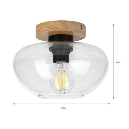 Plafonnier FLO WOOD 1xE27/15W/230V chêne/verre transparent Ø 22 cm