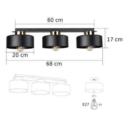 Plafonnier IGNIA — 3 ampoules E27, max. 60 W, 230 V, noir