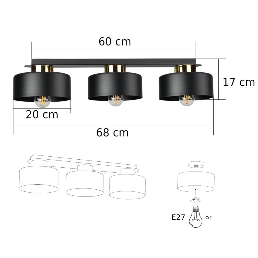 Plafonnier IGNIA — 3 ampoules E27, max. 60 W, 230 V, noir