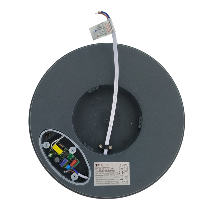 Plafonnier LED avec détecteur de mouvement, 20 W, 230 V, 3000/4000/6500 K, Ø 230 cm, IP54, anthracite