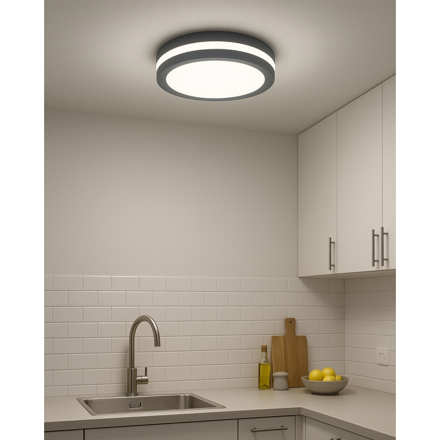 Plafonnier LED pour salle de bains avec détecteur de mouvement, 20W/230V, 3000/4000/6500K, Ø 23 cm, IP54, anthracite