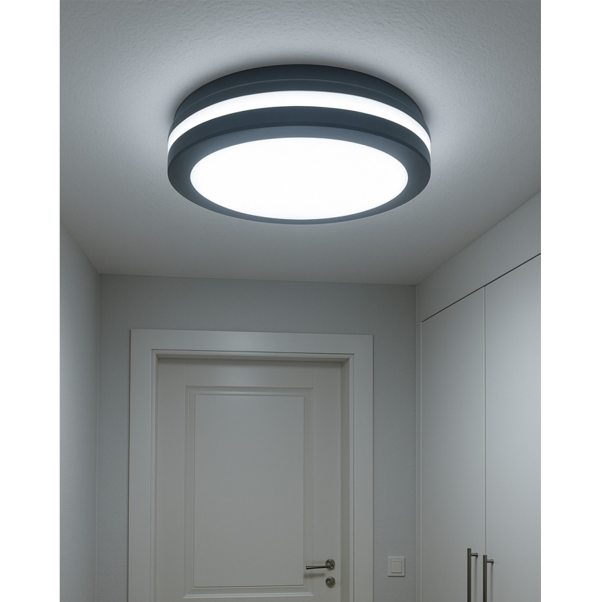 Plafonnier LED pour salle de bains avec détecteur de mouvement, 20W/230V, 3000/4000/6500K, Ø 23 cm, IP54, anthracite