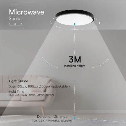 Plafonnier salle de bain avec détecteur LED/18W/230V 4000K IP44 noir + télécommande