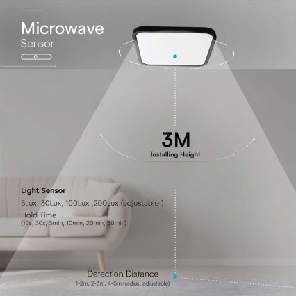 Plafonnier salle de bain avec détecteur LED/36W/230V 4000K IP44 noir + télécommande