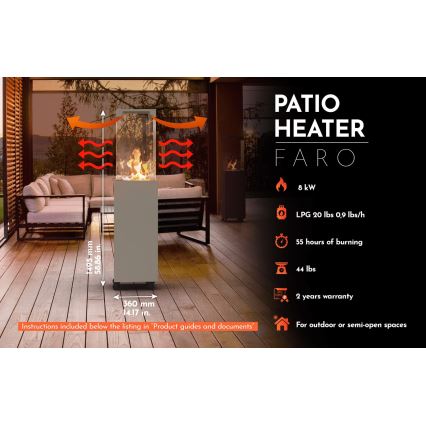 Planika - Cheminée à gaz d'extérieur 142x36 cm 8kW 1xAAA gris + housse de protection