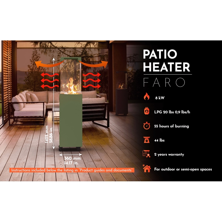 Planika - Cheminée à gaz d'extérieur 142x36 cm 8kW 1xAAA vert + housse de protection