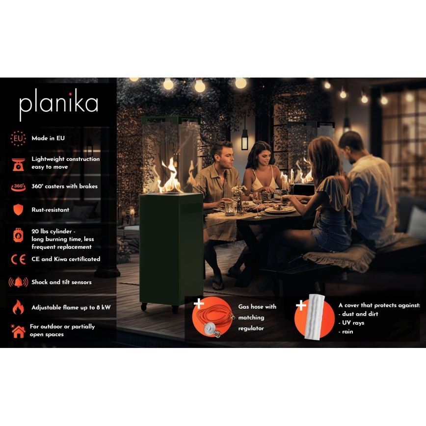 Planika - Cheminée à gaz d'extérieur 142x36 cm 8kW 1xAAA vert + housse de protection