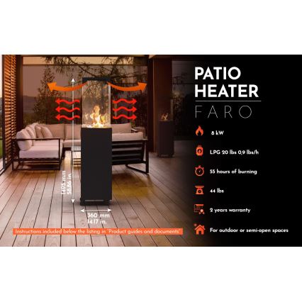 Planika - Foyer extérieur au gaz 142x36 cm 8kW 1xAAA noir + housse de protection