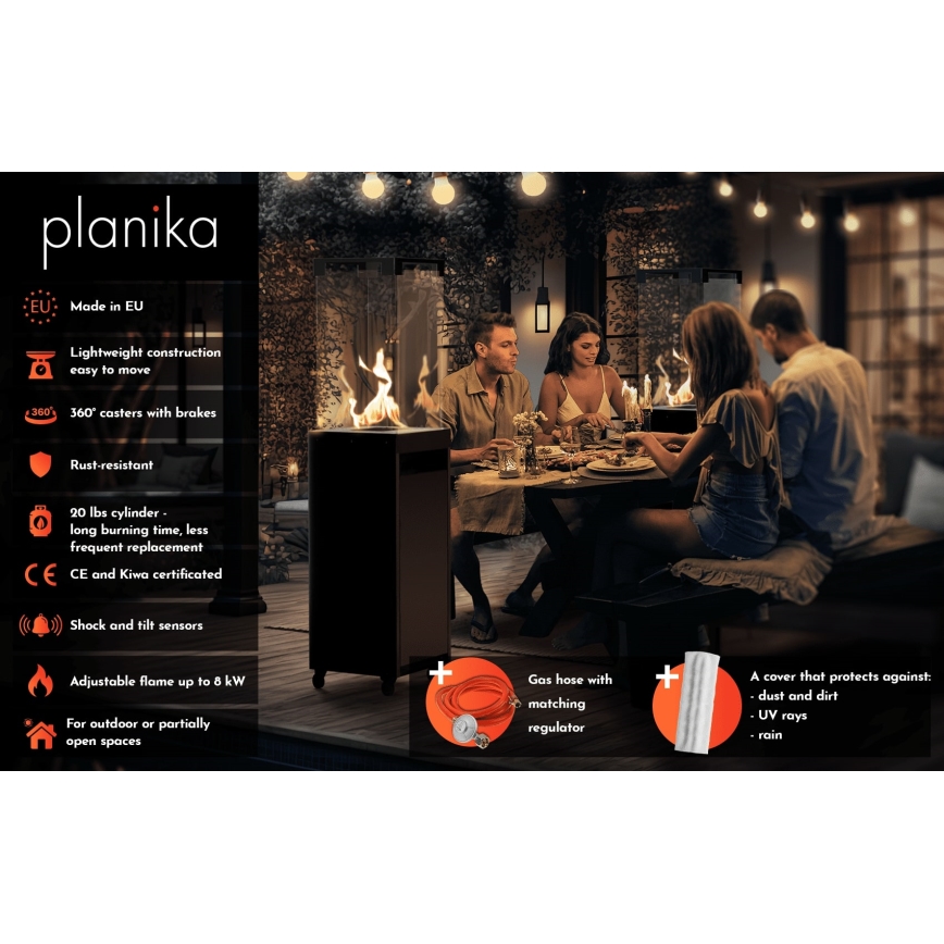 Planika - Foyer extérieur au gaz 142x36 cm 8kW 1xAAA noir + housse de protection