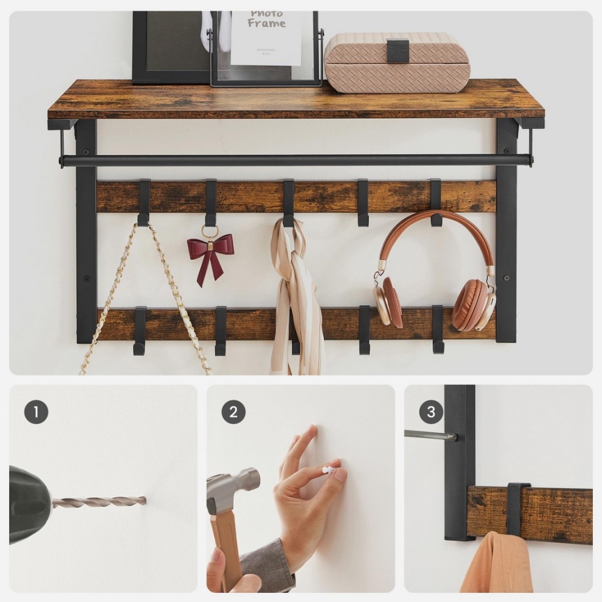 Porte-manteau mural avec étagère NATE marron/noir