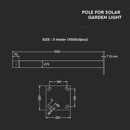 Poteau métallique avec support pour luminaire solaire 3 m