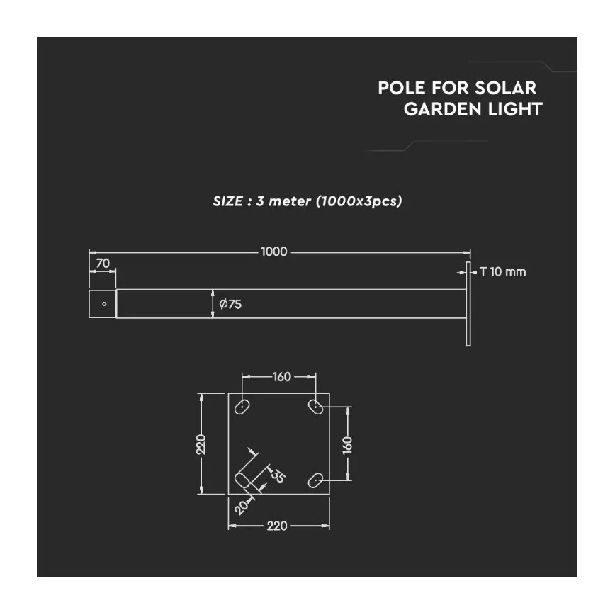 Poteau métallique avec support pour luminaire solaire 3 m