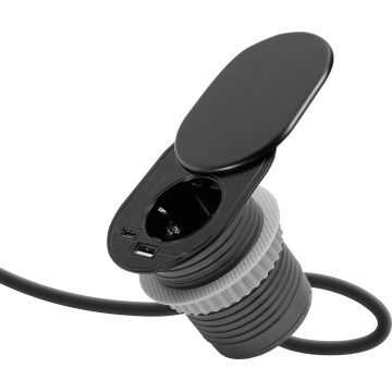 Prise encastrable avec couvercle coulissant — 1 prise secteur + USB-C + USB-A, noir