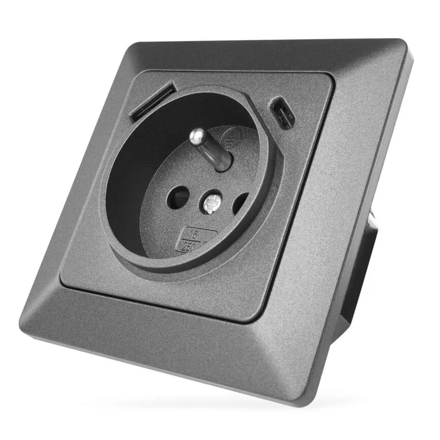 Prise murale française 250V/16A avec USB-A+USB-C, anthracite