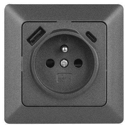 Prise murale française 250V/16A avec USB-A+USB-C, anthracite