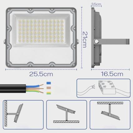 Projecteur LED d'extérieur 100 W, 230 V, 4500 K, IP65, gris