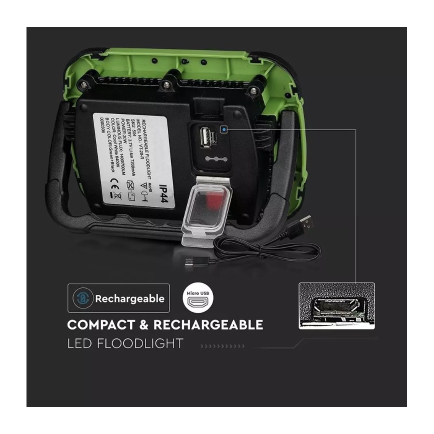 Projecteur rechargeable à intensité variable SAMSUNG CHIP + fonction SOS LED/10W/3,7V/USB IP44 4000K 3600 mAh vert