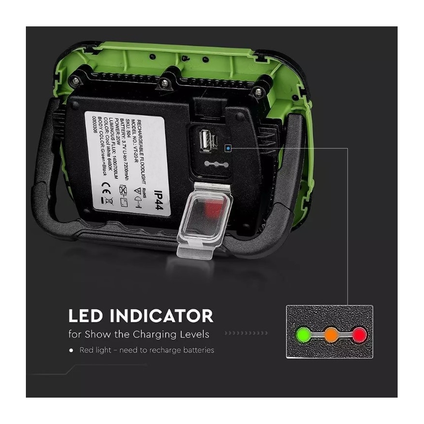 Projecteur rechargeable LED SAMSUNG CHIP + fonction SOS LED/20W/3,7V/USB IP44 4000K vert