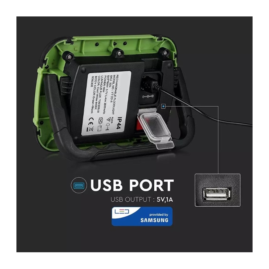 Projecteur rechargeable LED SAMSUNG CHIP + fonction SOS LED/20W/3,7V/USB IP44 4000K vert