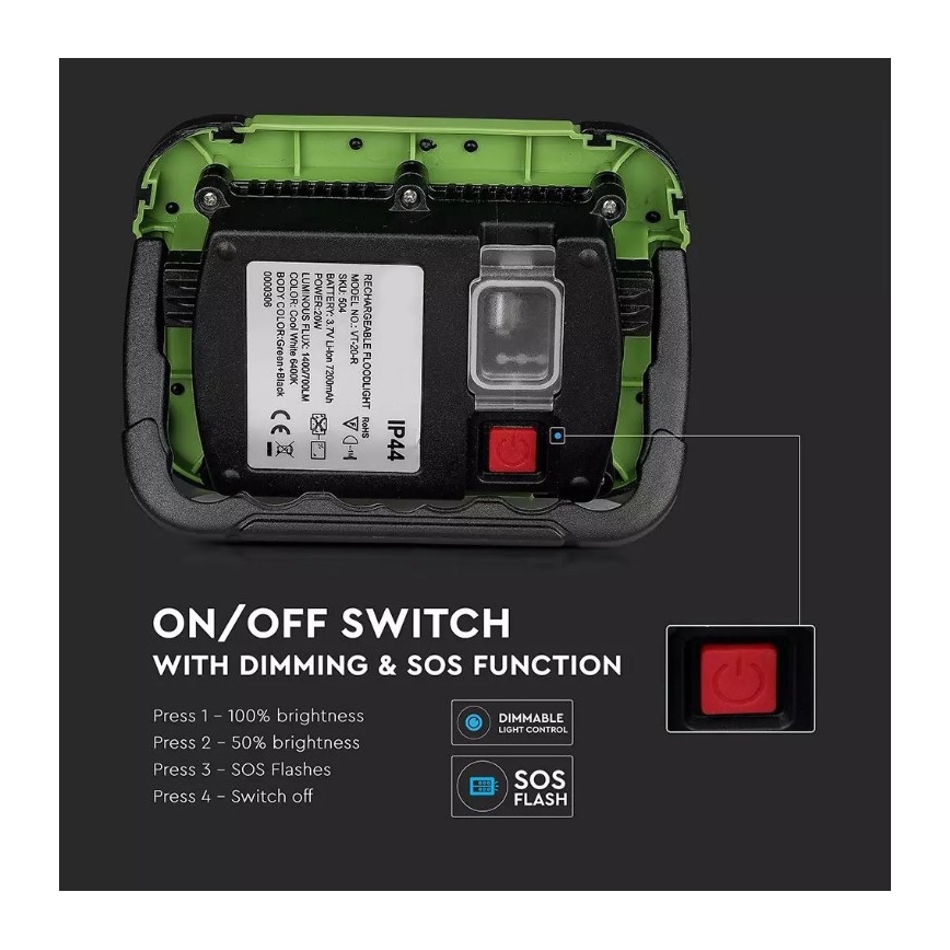 Projecteur rechargeable LED SAMSUNG CHIP + fonction SOS LED/20W/3,7V/USB IP44 4000K vert