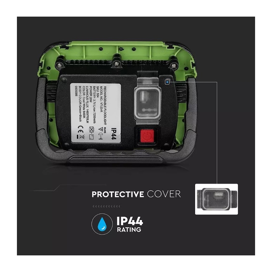 Projecteur rechargeable LED SAMSUNG CHIP + fonction SOS LED/20W/3,7V/USB IP44 4000K vert