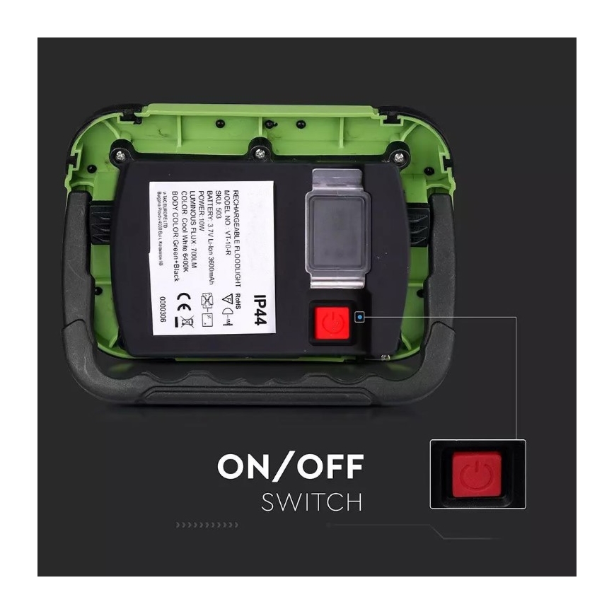 Projecteur rechargeable SAMSUNG CHIP LED/10W/3,7V IP44 6400K 3600 mAh vert