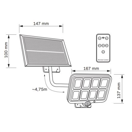 Projecteur solaire LED avec détecteur INTEGRA LED/3W/3,7V IP44 + Télécommande