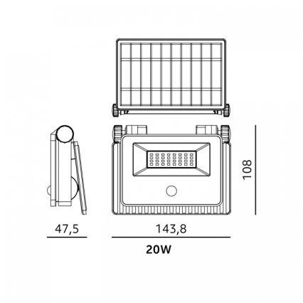 Projecteur solaire à LED avec capteur NCS G2 LED/20W/3,7V 3000/4000/6500K IP54 2600 mAh