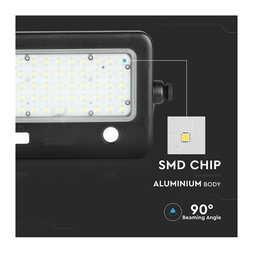 Projecteur solaire LED dimmable avec capteur, 10W/3,7V, 4000K, IP65, 7200 mAh + port USB
