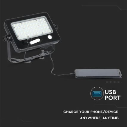 Projecteur solaire LED dimmable avec capteur, 10W/3,7V, 4000K, IP65, 7200 mAh + port USB