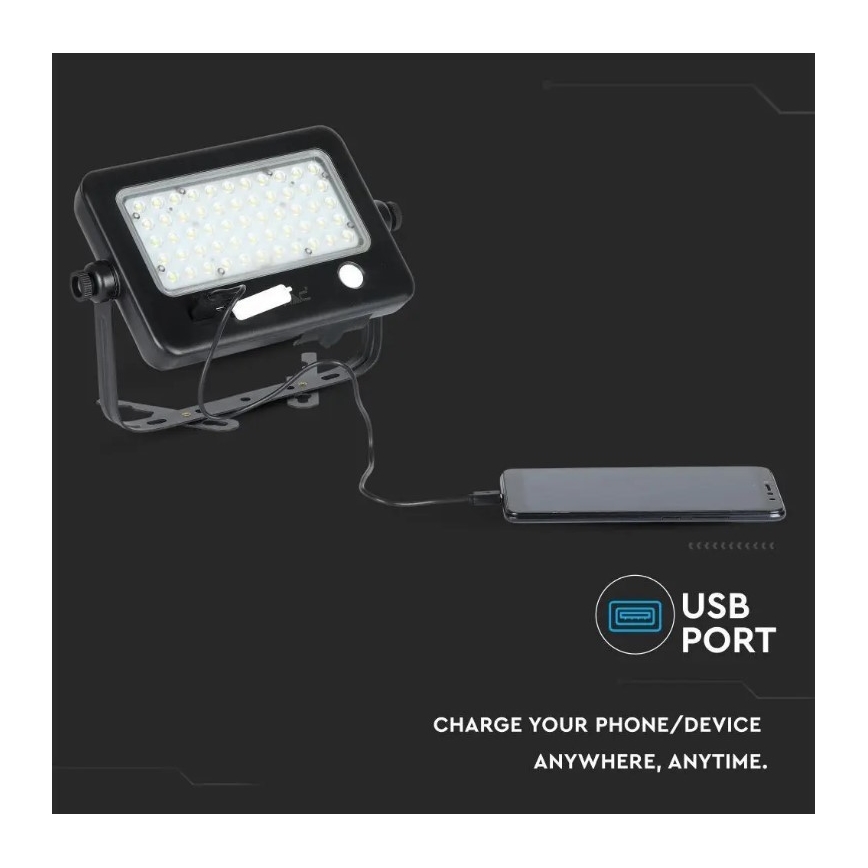 Projecteur solaire LED dimmable avec capteur, 10W/3,7V, 4000K, IP65, 7200 mAh + port USB