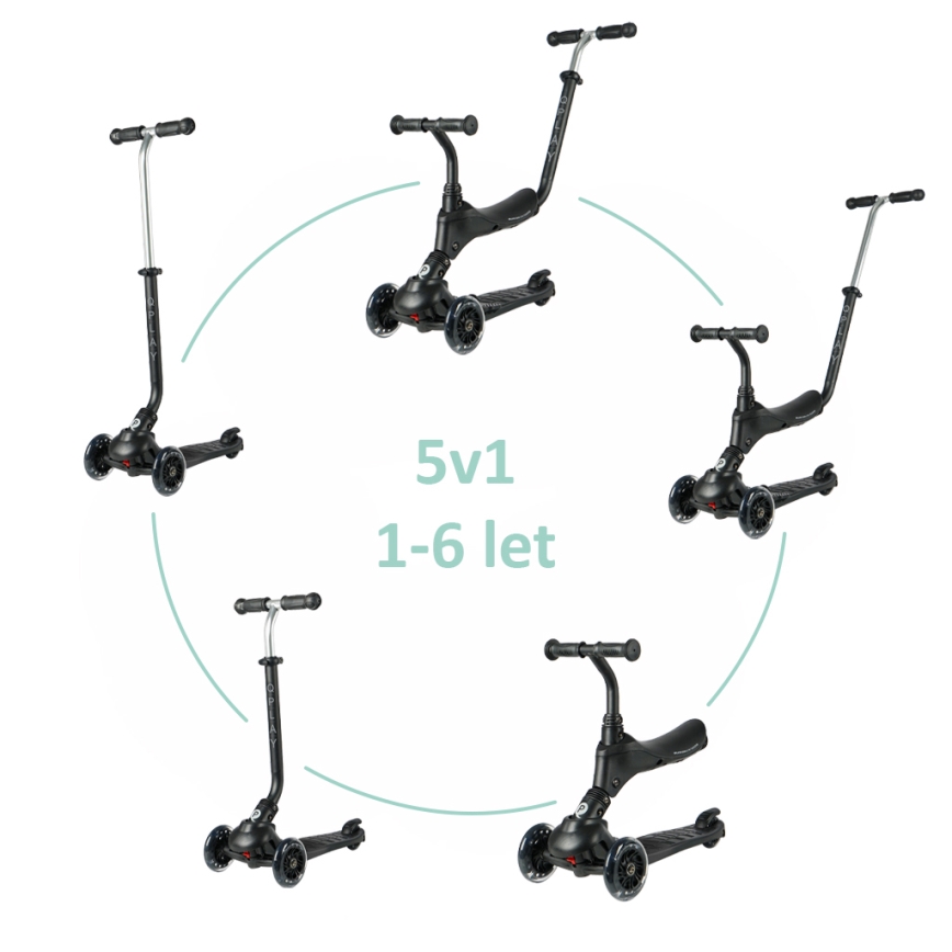 QPlay - Trottinette pour enfant avec roues LED 5 en 1 SEMA PRO noire