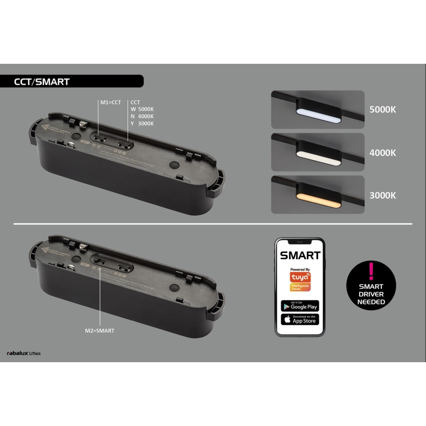 Rabalux - Spot à intensité variable pour système de rail monophasé LED/5W/24V 2700-5500K Wi-Fi Tuya noir
