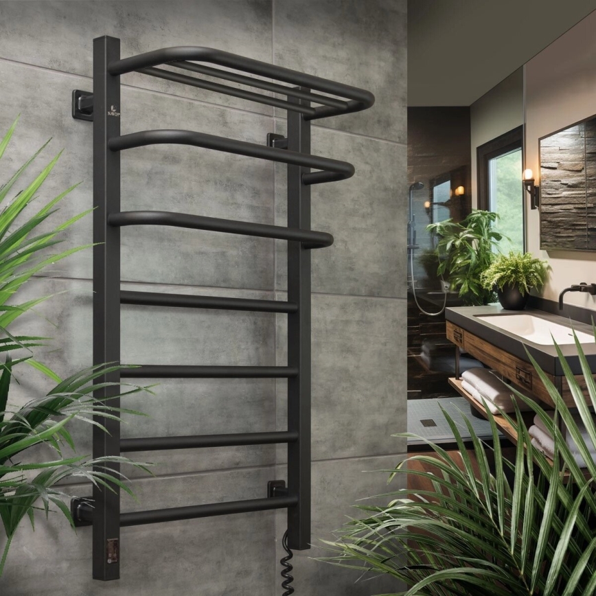 Radiateur électrique de salle de bains avec thermostat FORTIS 350W/230V 80,6 cm IP44 noir angulaire droit