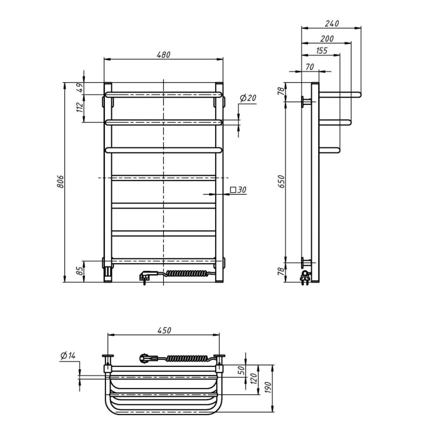 Radiateur électrique de salle de bains avec thermostat FORTIS 350W/230V 80,6 cm IP44 noir angulaire droit