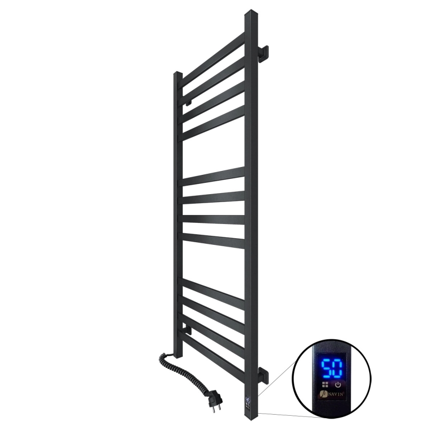 Radiateur sèche-serviettes AVANGARD avec thermostat 459W/230V, 120,6 cm, IP44, noir, version gauche, à profil carré