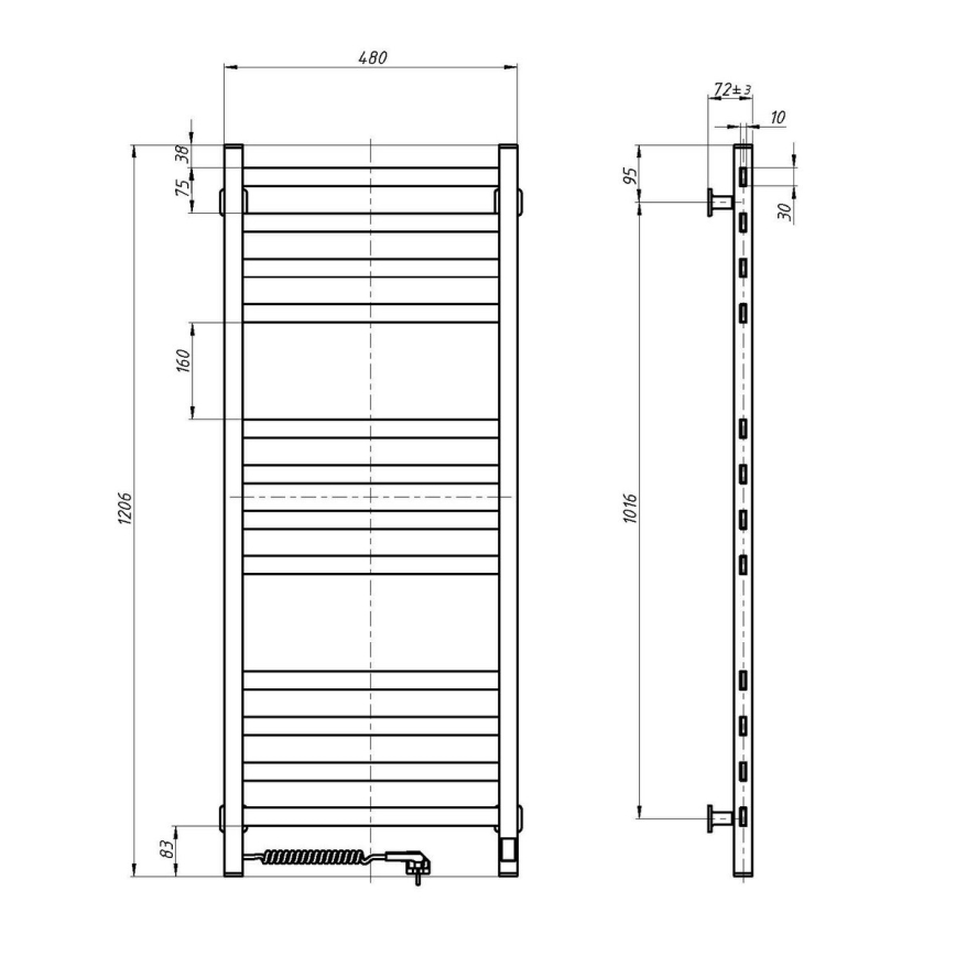 Radiateur sèche-serviettes AVANGARD avec thermostat 459W/230V, 120,6 cm, IP44, noir, version gauche, à profil carré