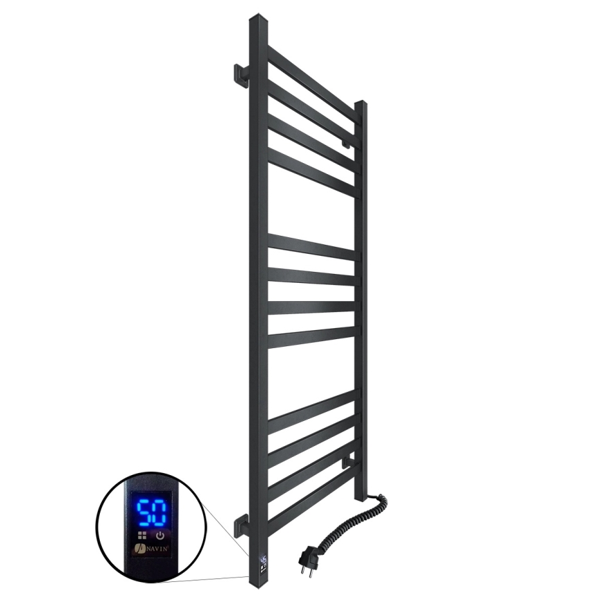 Sèche-serviettes chauffant pour salle de bains AVANGARD 459W/230V 120,6 cm IP44, noir, version droite, profil carré, avec thermostat