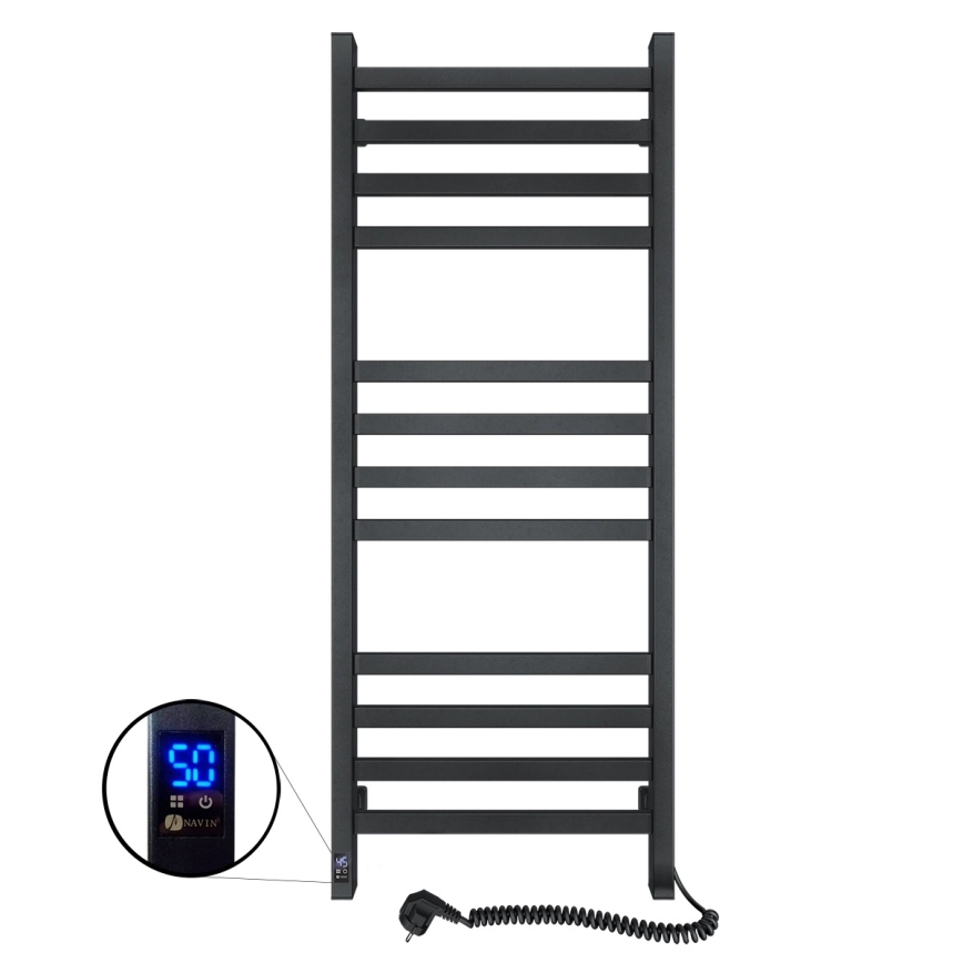 Sèche-serviettes chauffant pour salle de bains AVANGARD 459W/230V 120,6 cm IP44, noir, version droite, profil carré, avec thermostat