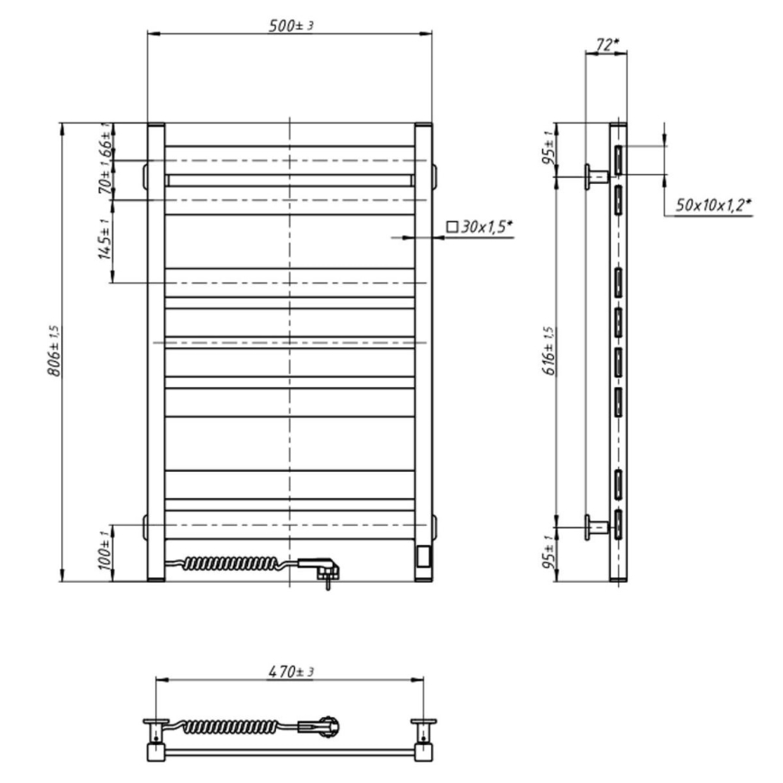 Radiateur sèche-serviettes pour salle de bains LARGO 432W/230V 80,6 cm IP44 noir gauche profil carré avec thermostat