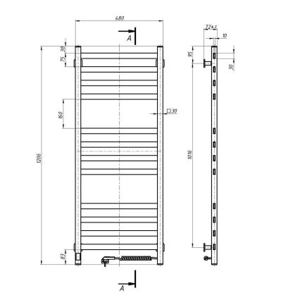 Sèche-serviettes pour salle de bains AVANGARD avec thermostat 459W/230V 120,6cm IP44, blanc, côté droit, rectangulaire