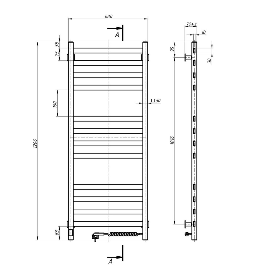 Sèche-serviettes pour salle de bains AVANGARD avec thermostat 459W/230V 120,6cm IP44, blanc, côté droit, rectangulaire