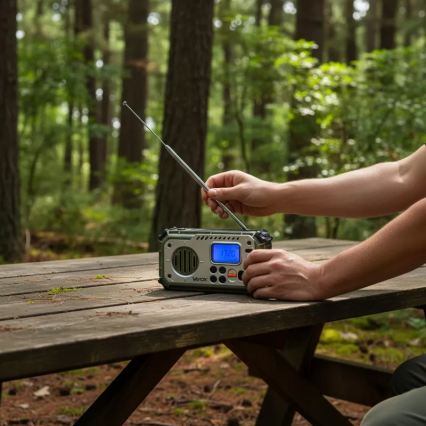 Radio de camping à manivelle avec panneau solaire et lampe LED dotée d'une fonction powerbank, 5V/3xAAA/2000 mAh, IPX4, vert