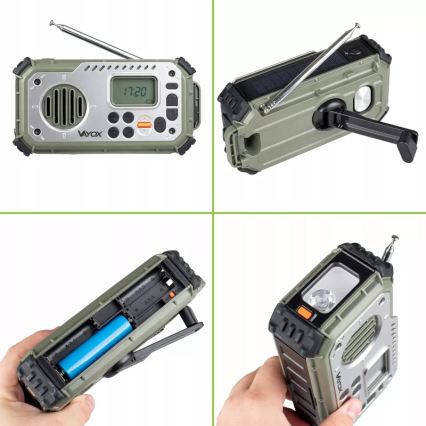 Radio de camping à manivelle avec panneau solaire et lampe LED dotée d'une fonction powerbank, 5V/3xAAA/2000 mAh, IPX4, vert