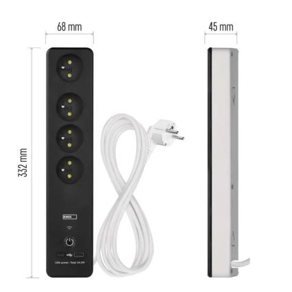 Rallonge connectée avec interrupteur GoSmart 4Z + 1xUSB-A + 1xUSB-C 2 m Wi-Fi Tuya