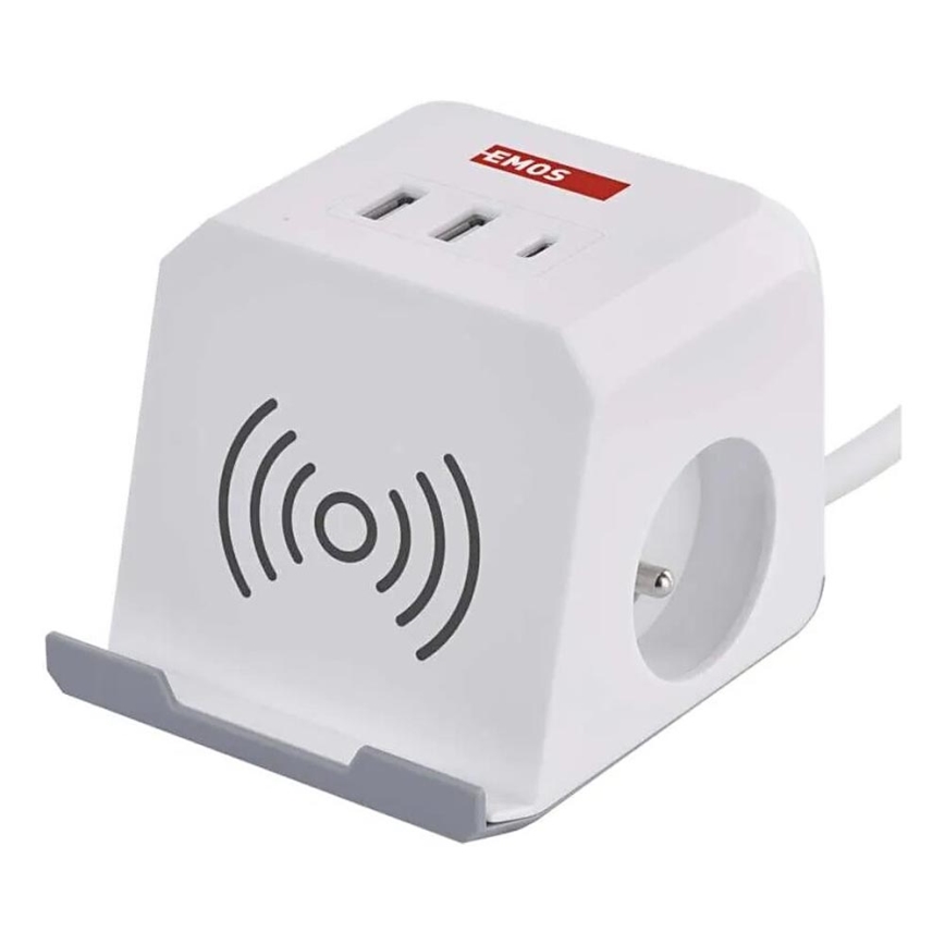 Rallonge cube avec charge sans fil QI 2Z +2xUSB-A+1xUSB-C 2m blanc